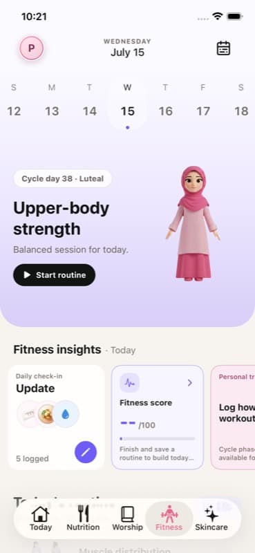 Fitness dashboard showing a cycle-aware daily routine