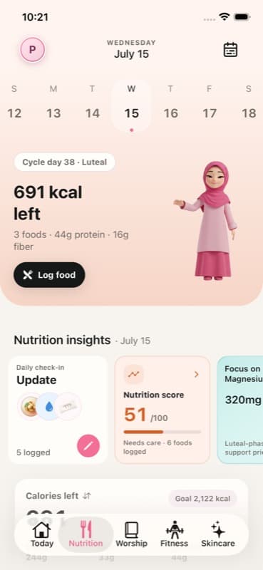 Nutrition dashboard showing cycle-aware food guidance