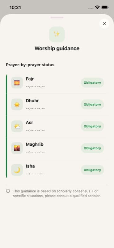 Madhhab-aware prayer-by-prayer worship guidance