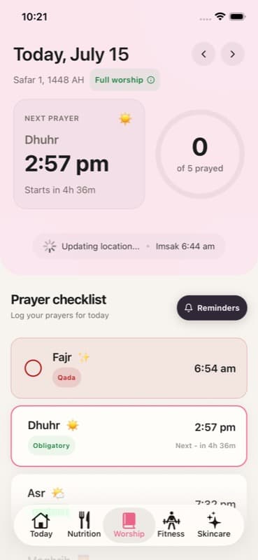 Worship dashboard with prayer times and checklist