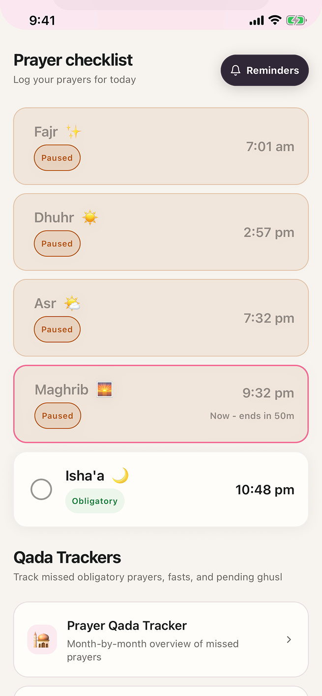 Worship tab showing prayer times and daily worship tracking
